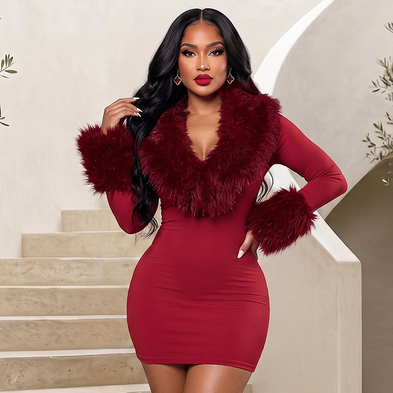 Ivory Faux Fur Collar Bodycon Mini Dress – Women’s Long Sleeve Party Dress